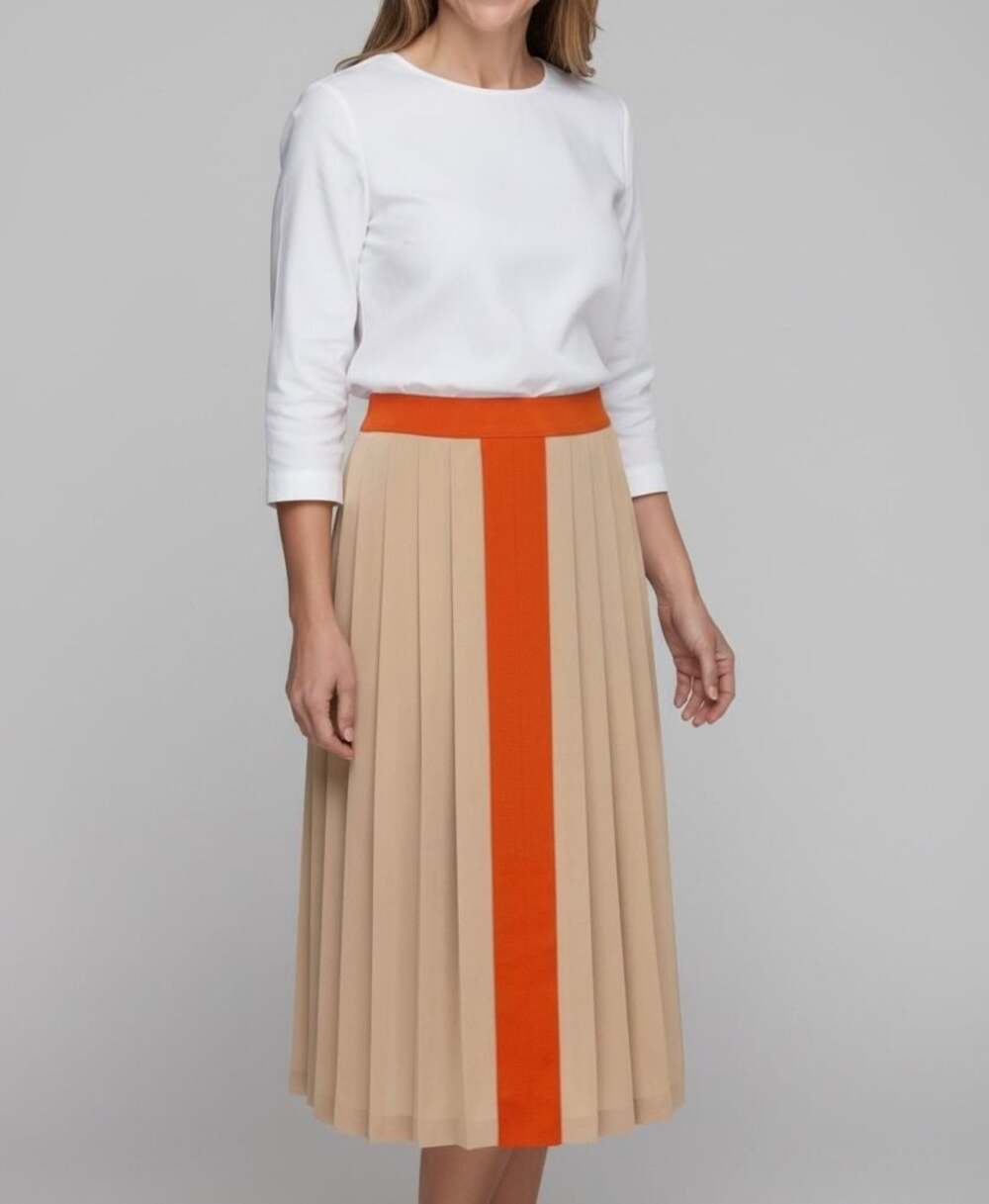 Reiss Pleated Midi Skirt Grey and Orange Striped Waistband Size 10